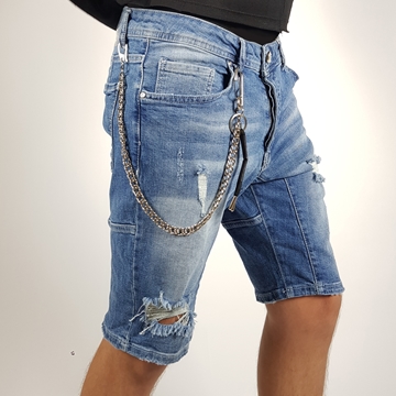 Men's Blue Jeans Ripped Short with Chain